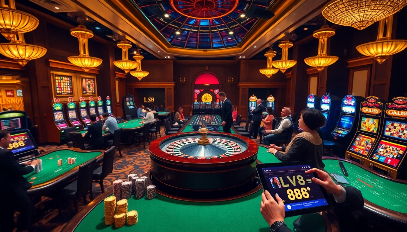 Experience the thrill of LV88 gambling with vibrant casino tables, poker chips, and a spinning roulette wheel.