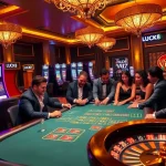 Engaging LUCK8 VIP poker players enjoy high-stakes action in a luxurious casino setting.