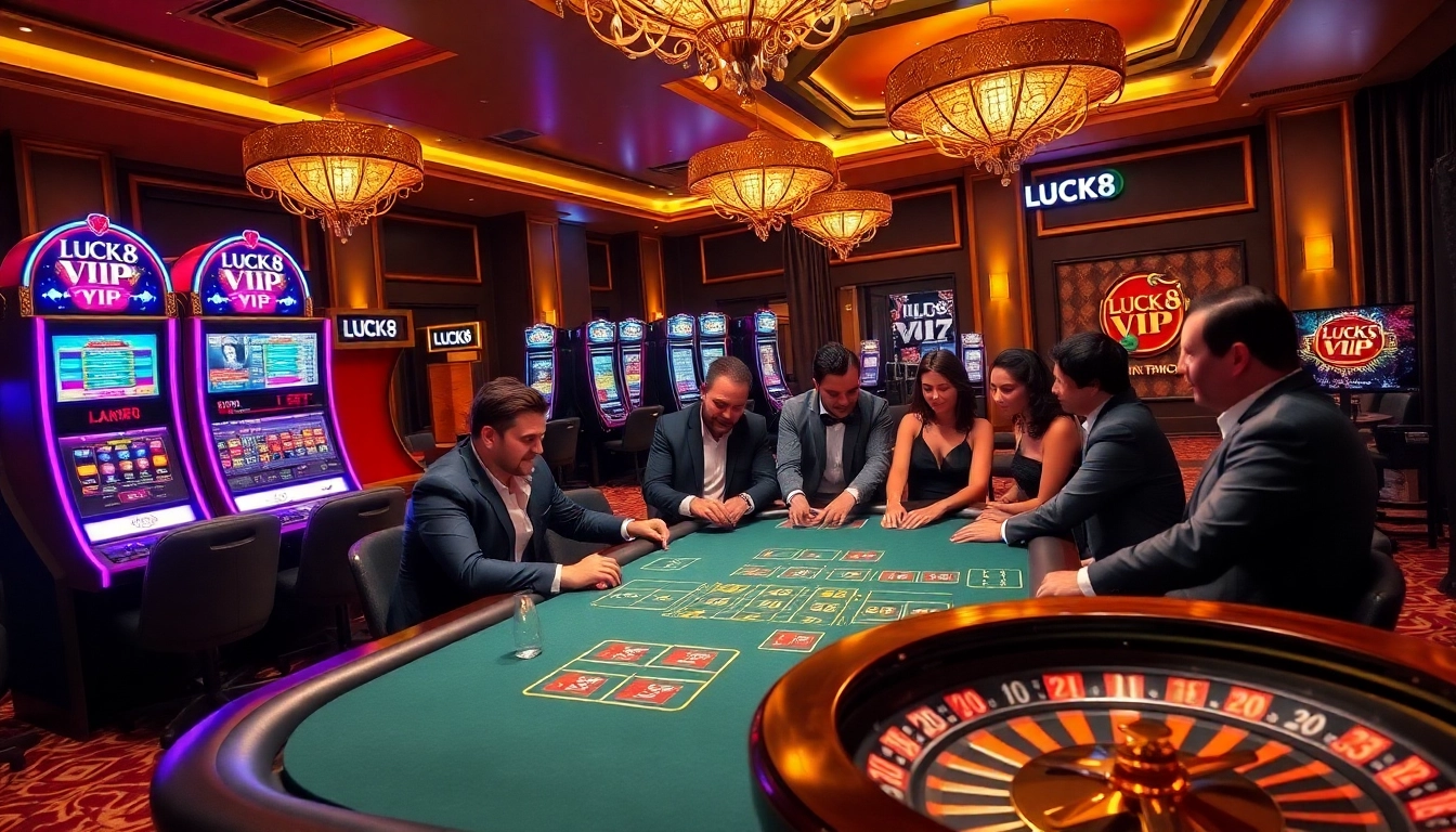 Engaging LUCK8 VIP poker players enjoy high-stakes action in a luxurious casino setting.