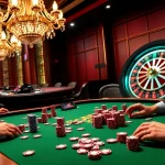 Engaged players at a luxurious poker table in a vibrant casino atmosphere showcasing S8OK COM gaming excitement.