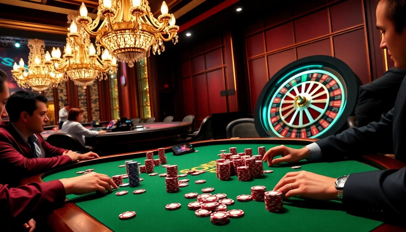 Engaged players at a luxurious poker table in a vibrant casino atmosphere showcasing S8OK COM gaming excitement.