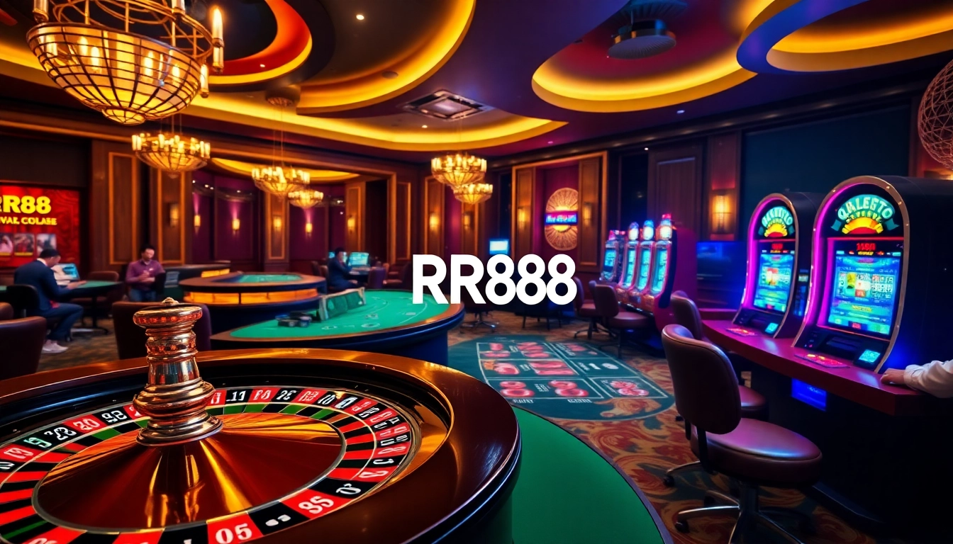 RR88 players enjoying their thrilling casino experience at elegant tables and vibrant slot machines.
