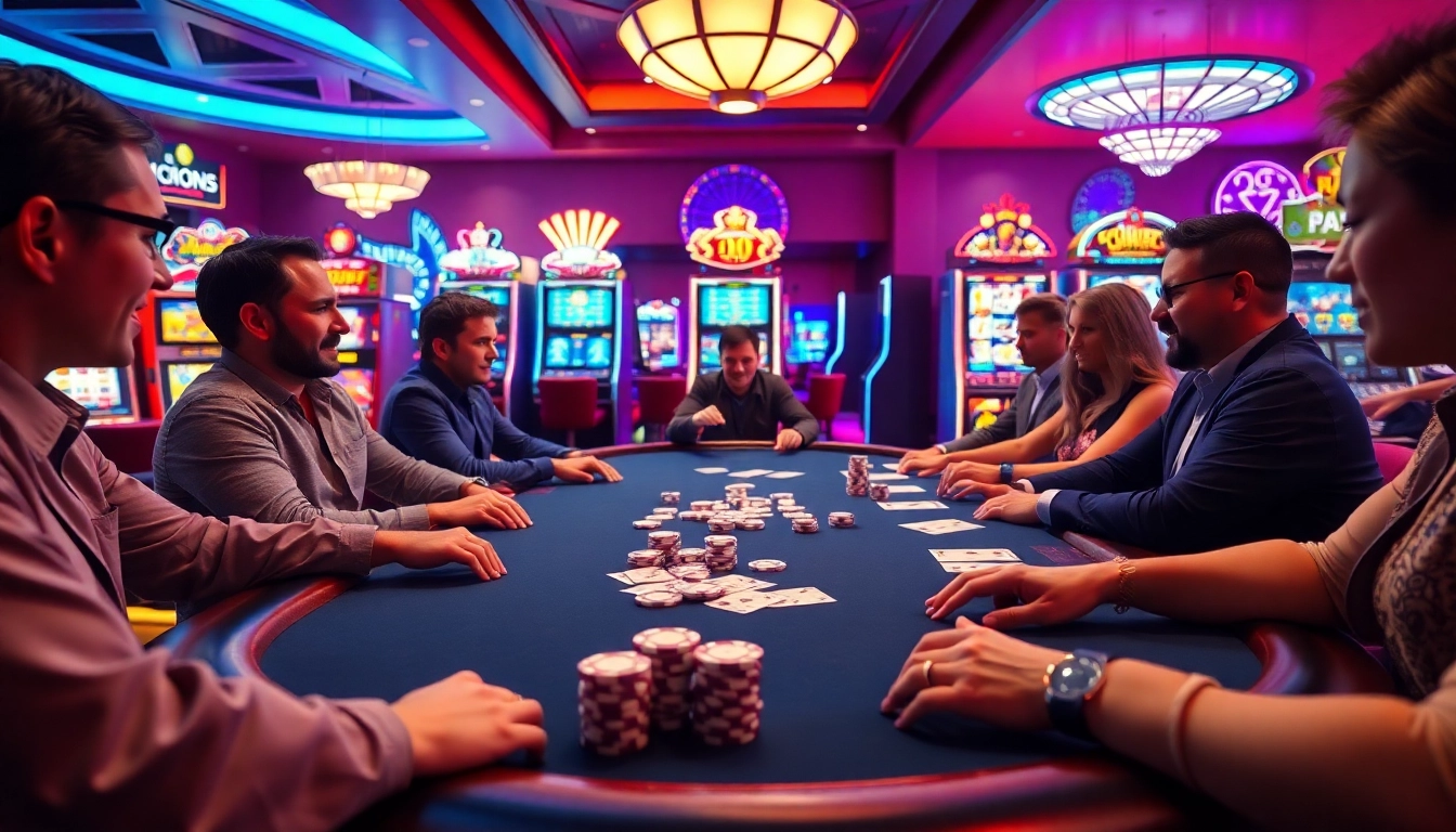 Excited players engaging in a high-stakes game at b52club's luxurious poker table.