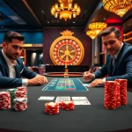 Players engaging in a high-stakes poker game at https://rr88.navy/ with vibrant casino atmosphere.