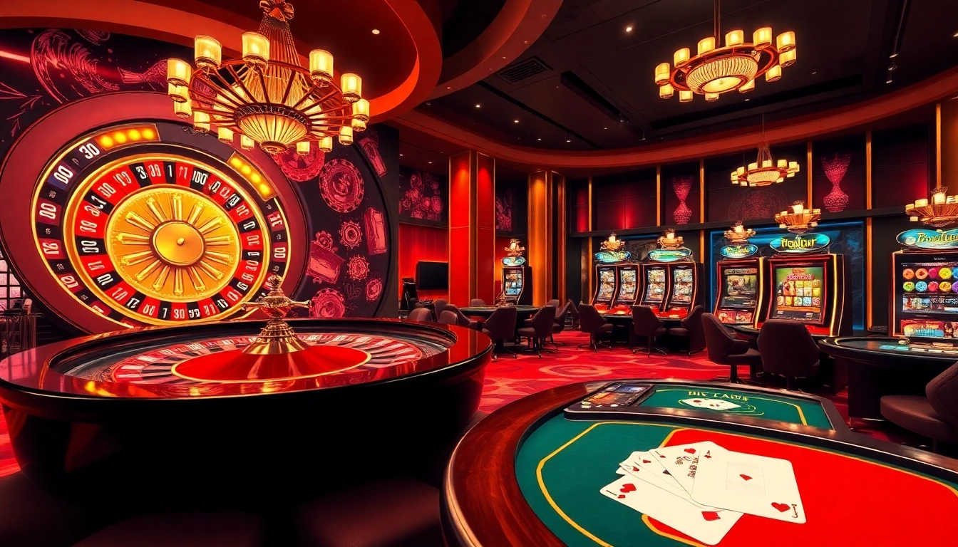 Engaging scene of online gambling with OKFUN đăng ký, featuring vibrant casino tables and winning themes.