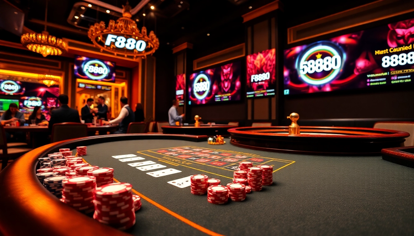 Experience the thrill of gambling at Fb88 with a lively casino scene showcasing poker chips and games.