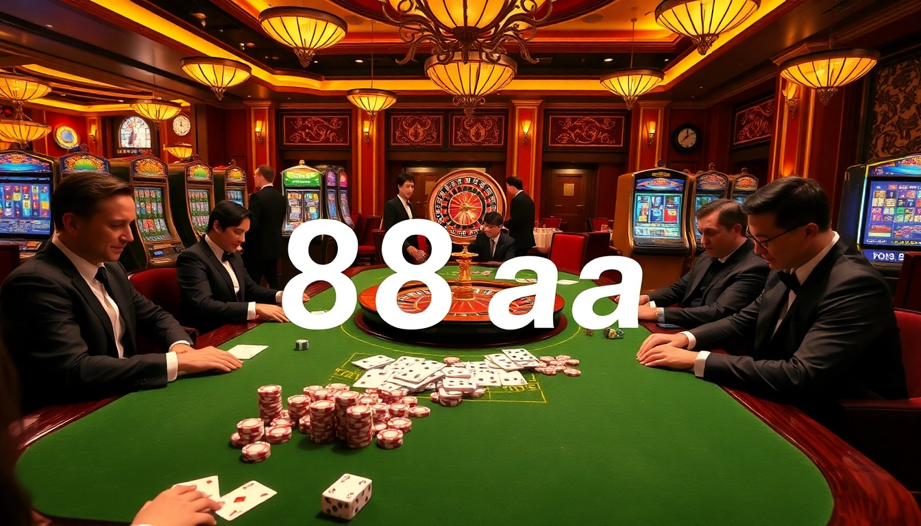 Players engaged in a high-stakes game at an 88aa casino table with vibrant lighting.