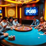 Tải App PG88 brings excitement to a lively casino scene with poker chips and a roulette wheel.