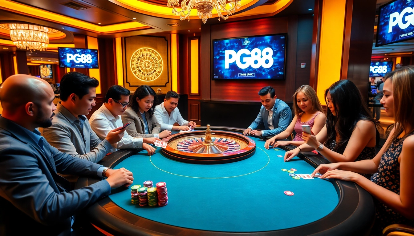 Tải App PG88 brings excitement to a lively casino scene with poker chips and a roulette wheel.