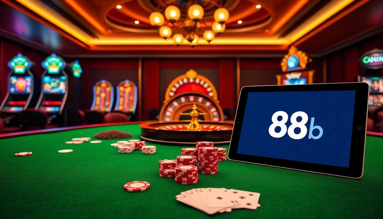Engaging casino scene featuring 888b with poker chips and a roulette wheel.