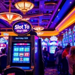 Pemain yang bersemangat bermain mesin Slot Depo 1000 di lingkungan kasino yang penuh warna.