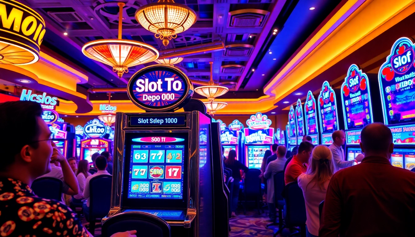 Pemain yang bersemangat bermain mesin Slot Depo 1000 di lingkungan kasino yang penuh warna.