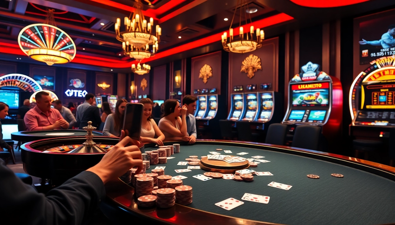 Dynamic casino scene with poker, roulette, and online gambling interface from https://top10nhacai.gg/.