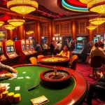 Exciting casino game scene at https://hit-club.games/, featuring a vibrant poker table, roulette wheel, and slot machines.