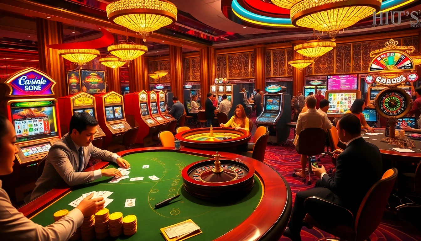 Exciting casino game scene at https://hit-club.games/, featuring a vibrant poker table, roulette wheel, and slot machines.