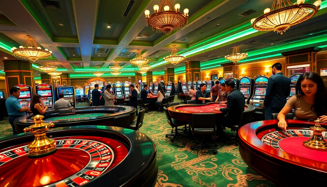 FLY 88 casino scene showcasing roulette tables and excited players in luxury.