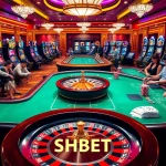 SHBET players enjoy various gambling activities at a vibrant casino with roulette and slot machines.