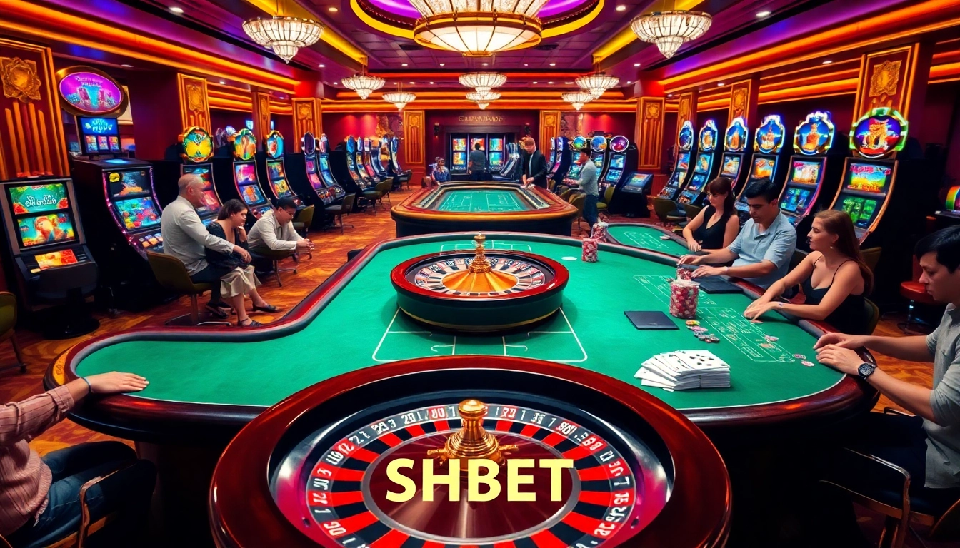 SHBET players enjoy various gambling activities at a vibrant casino with roulette and slot machines.