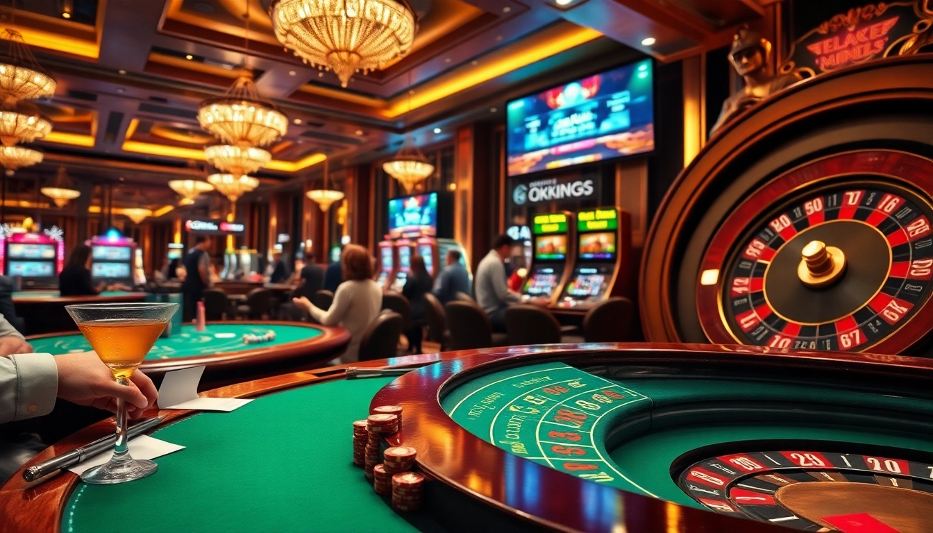 High-stakes action at https://okking.group/ casino featuring a blackjack table and roulette wheel.