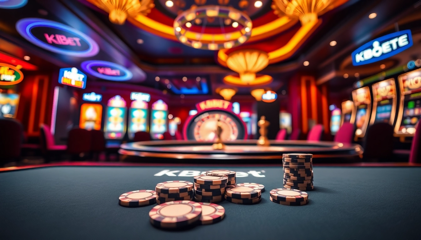 KBBET casino experience with poker chips and a spinning roulette wheel in an upscale setting