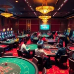 Experience the excitement of online gambling at https://n188hv.com/ with a luxurious casino scene featuring tables and slots.