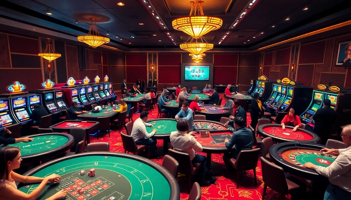 Experience the excitement of online gambling at https://n188hv.com/ with a luxurious casino scene featuring tables and slots.
