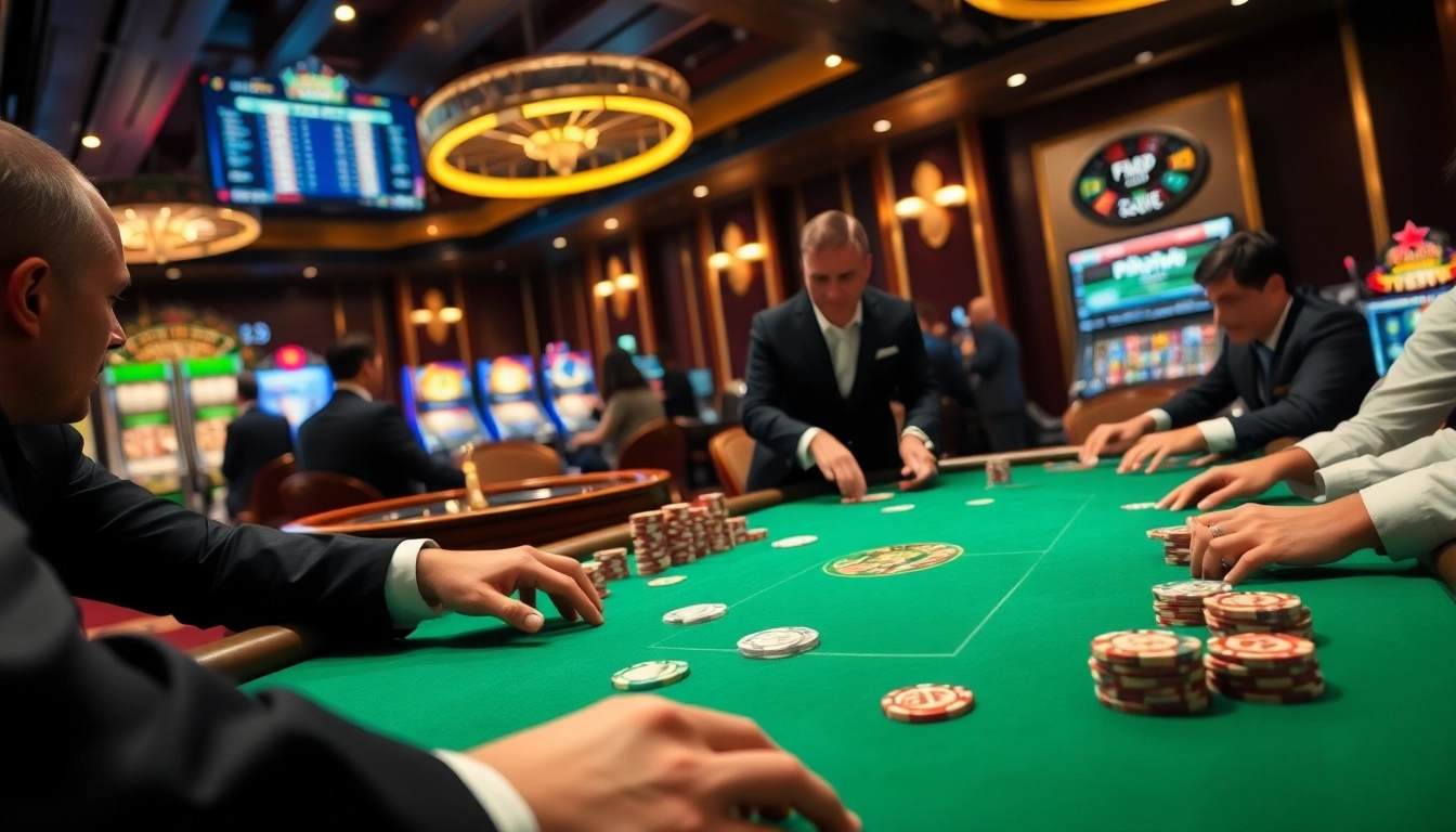 Experience thrilling play at https://ffgg88.com/ with vibrant poker tables and glowing slot machines in an exciting casino scene.