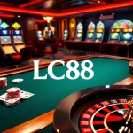 Experience thrilling gambling action at Nhà Cái LC88 with vibrant poker games and luxurious casino decor.