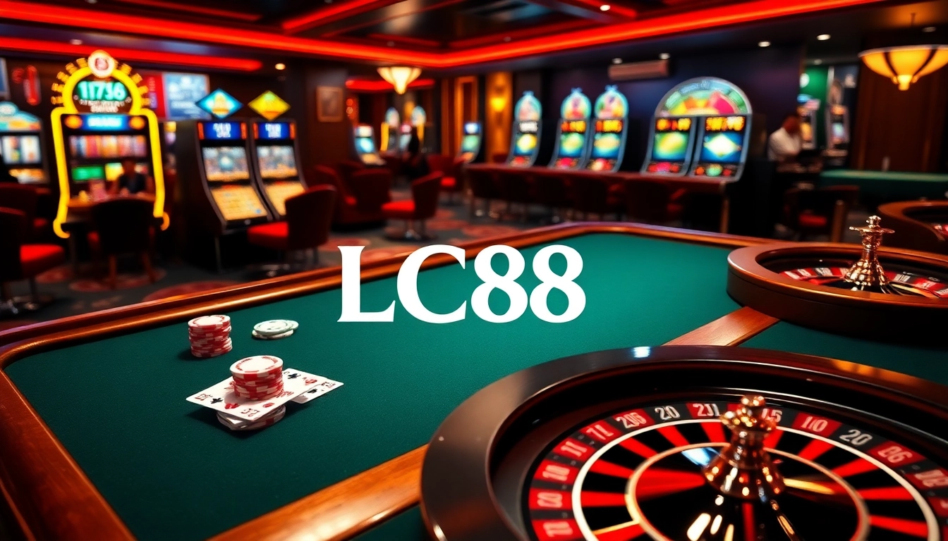Experience thrilling gambling action at Nhà Cái LC88 with vibrant poker games and luxurious casino decor.