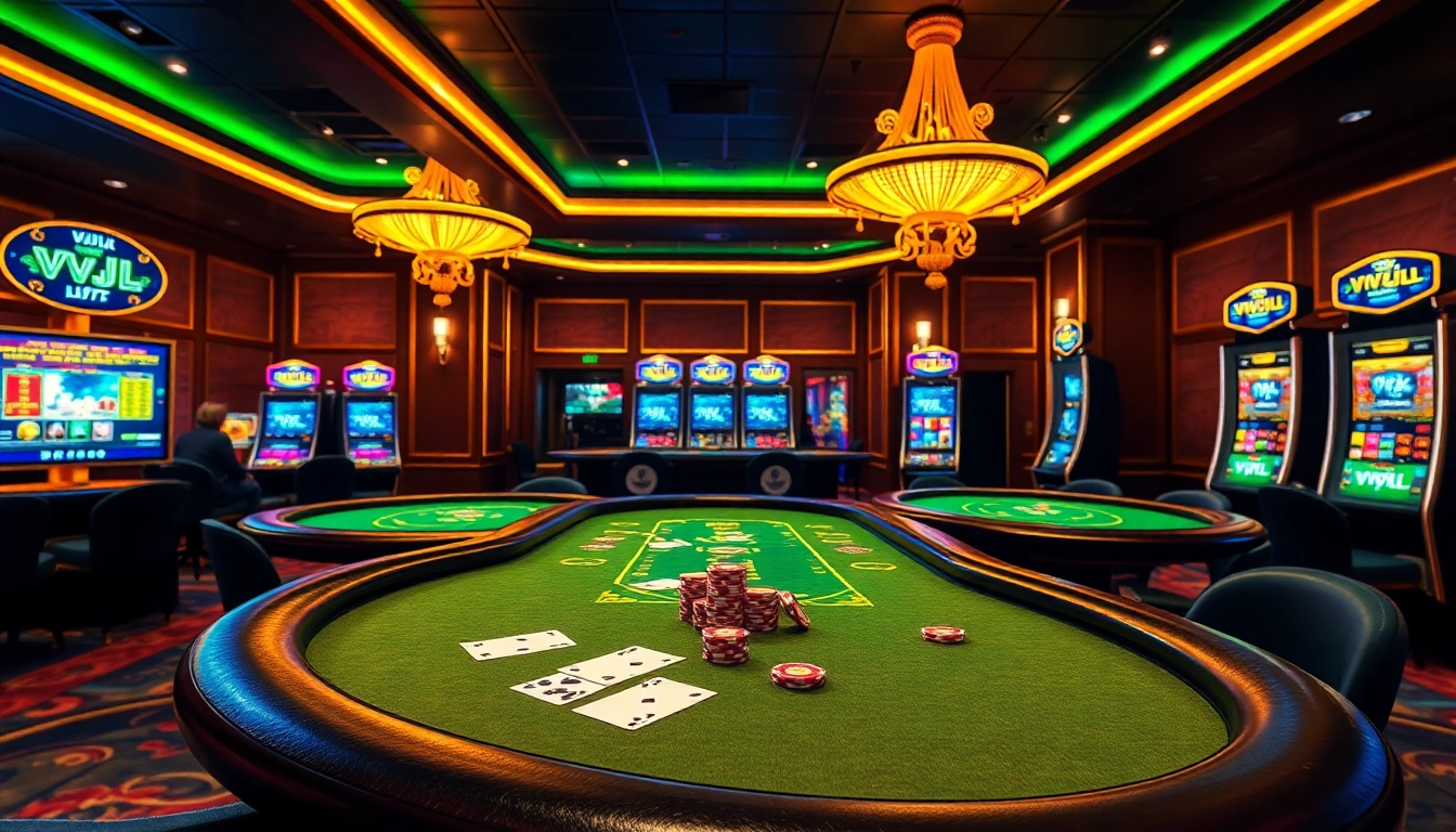 Players engage with VVJL's vibrant online casino, featuring luxurious tables and slot machines.