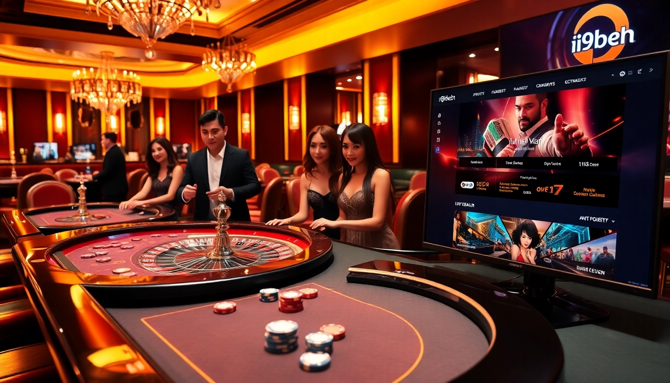 Engaged players at i9bet ren's luxurious casino tables, surrounded by vibrant gaming elements.