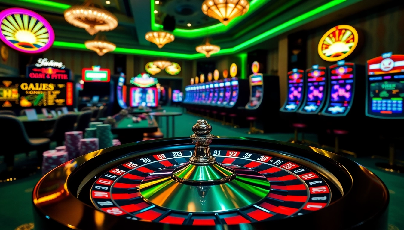 Vibrant casino scene showcasing poker chips and roulette wheel, perfect for a trang chủ experience.