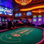 Exciting scene of sky888 casino with vibrant slot machines and professional dealers at the blackjack table.