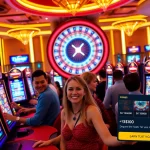 Adegan menarik para penjudi menikmati permainan slot deposit pulsa di lingkungan kasino mewah.