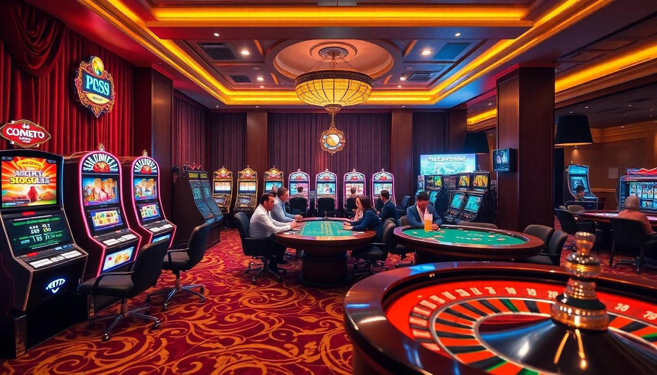 Players enjoying poker and slot machines at a luxurious casino setting, highlighting dom88.us.com.