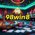 Experience the thrill of online gambling at 98win8 with vibrant casino elements like poker chips and roulette.