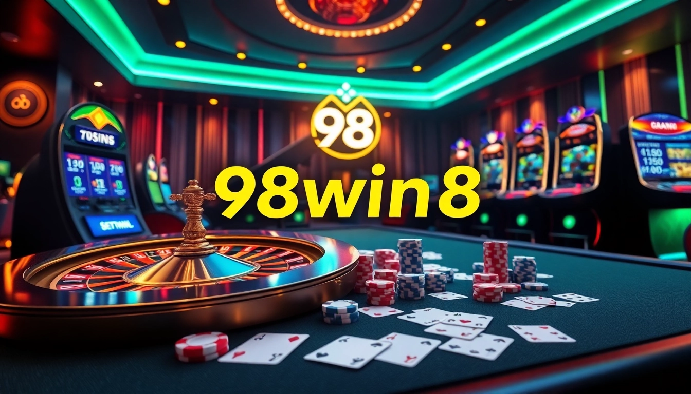 Experience the thrill of online gambling at 98win8 with vibrant casino elements like poker chips and roulette.