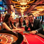 Engaging players in the luckywin lottery at a luxurious casino showcasing roulette and slot machines.