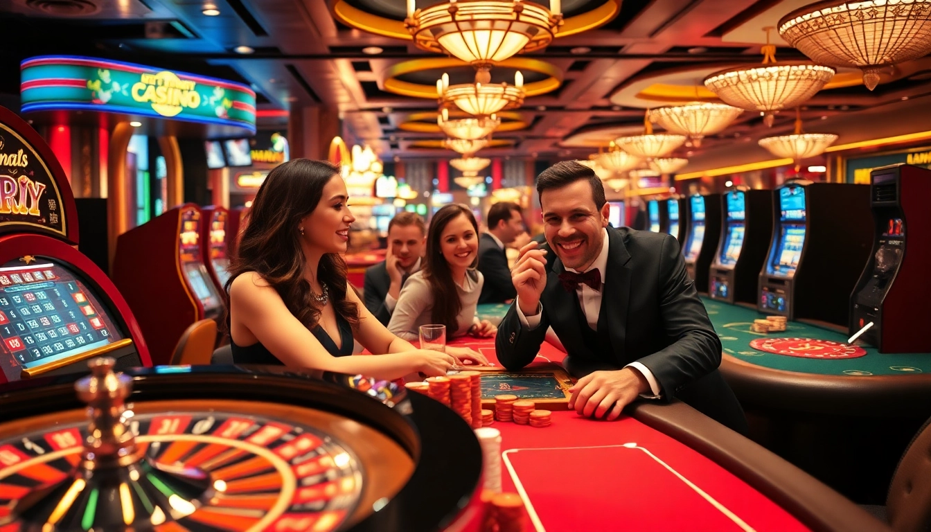 Engaging players in the luckywin lottery at a luxurious casino showcasing roulette and slot machines.