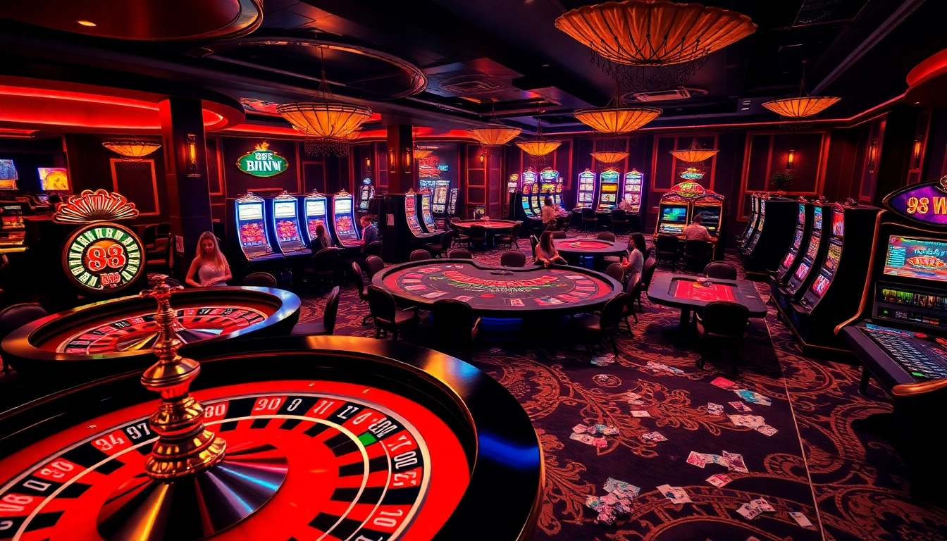 Experience the excitement of a 98 win at a luxurious casino featuring roulette and poker tables.
