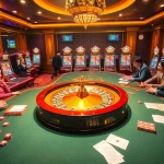 Exciting casino scene showcasing xin88 with players at poker table, vibrant roulette wheel, and colorful slot machines.