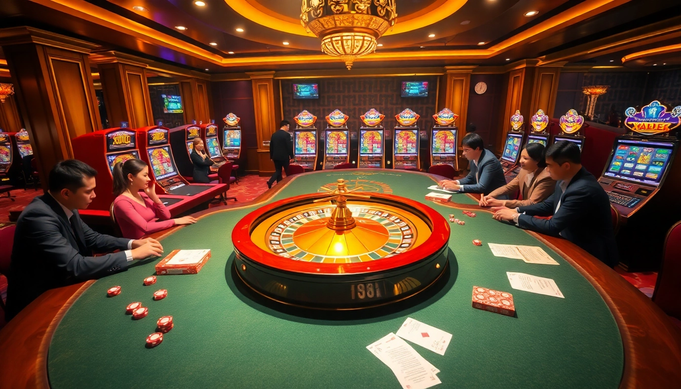 Exciting casino scene showcasing xin88 with players at poker table, vibrant roulette wheel, and colorful slot machines.
