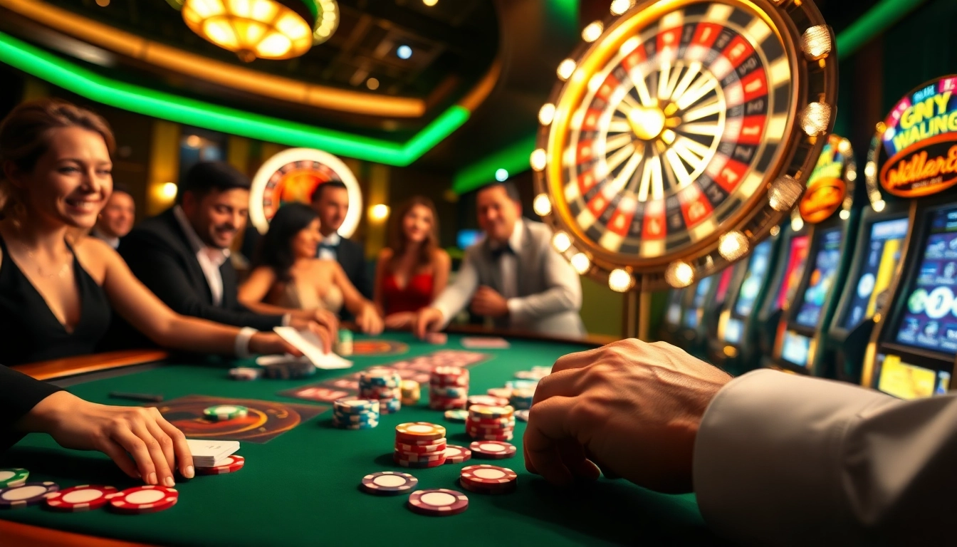 Players enjoying a thrilling casino experience with 6L777 poker chips and vibrant slot machines.