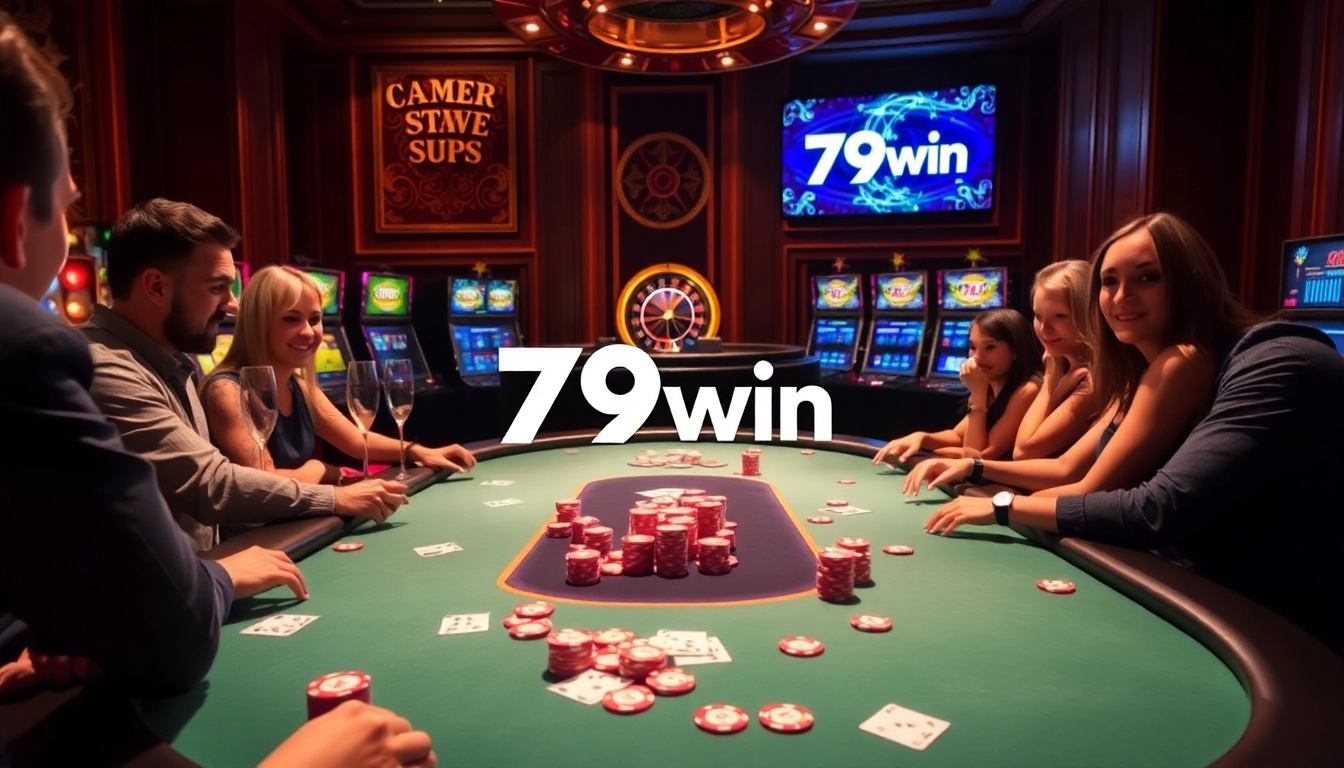 79win poker chips and cards on a luxurious casino table during an exciting game.