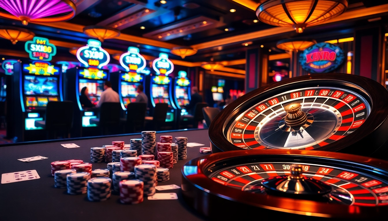 SX88 themed casino table showcasing vibrant poker chips and cards in a high-stakes gambling atmosphere.