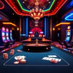 Experience the thrill of gambling at https://www.7c77.app/ with a vibrant casino scene filled with chips and cards.