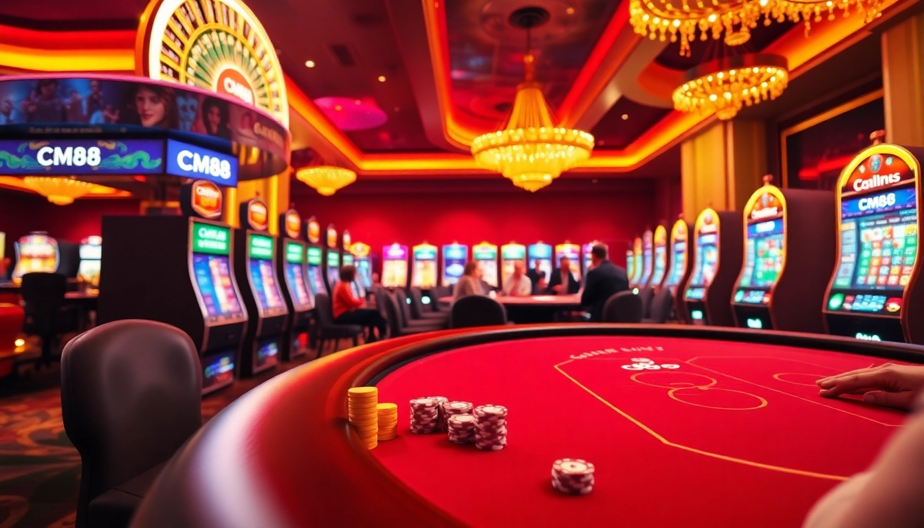 Experience high-stakes gaming at CM88 with engaging poker tables and vibrant slot machines.