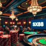 SX88 poker players engaging in a high-stakes game surrounded by vibrant chips and a roulette wheel.