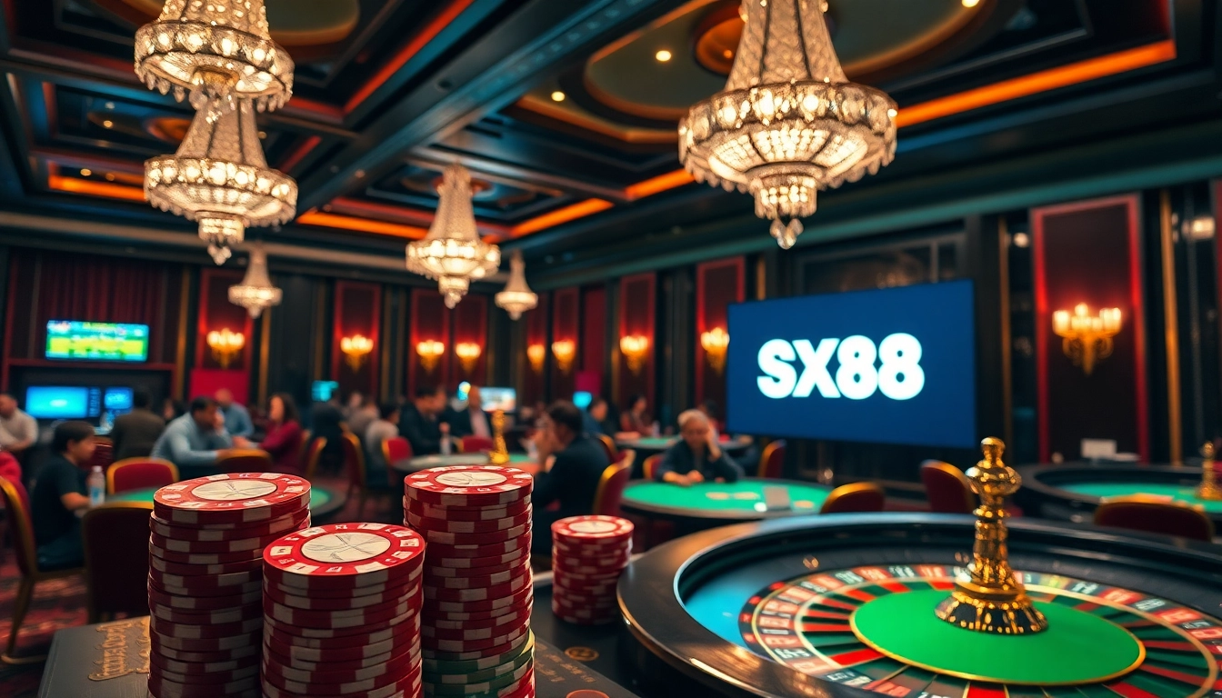 SX88 poker players engaging in a high-stakes game surrounded by vibrant chips and a roulette wheel.