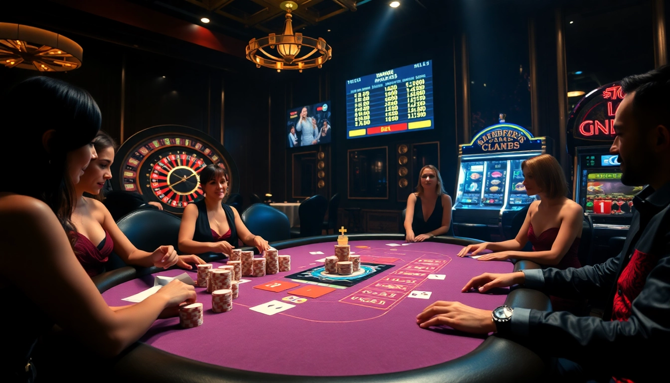 Players engaging in thrilling casino games at https://s8limited.com/ with vibrant poker tables and roulette.